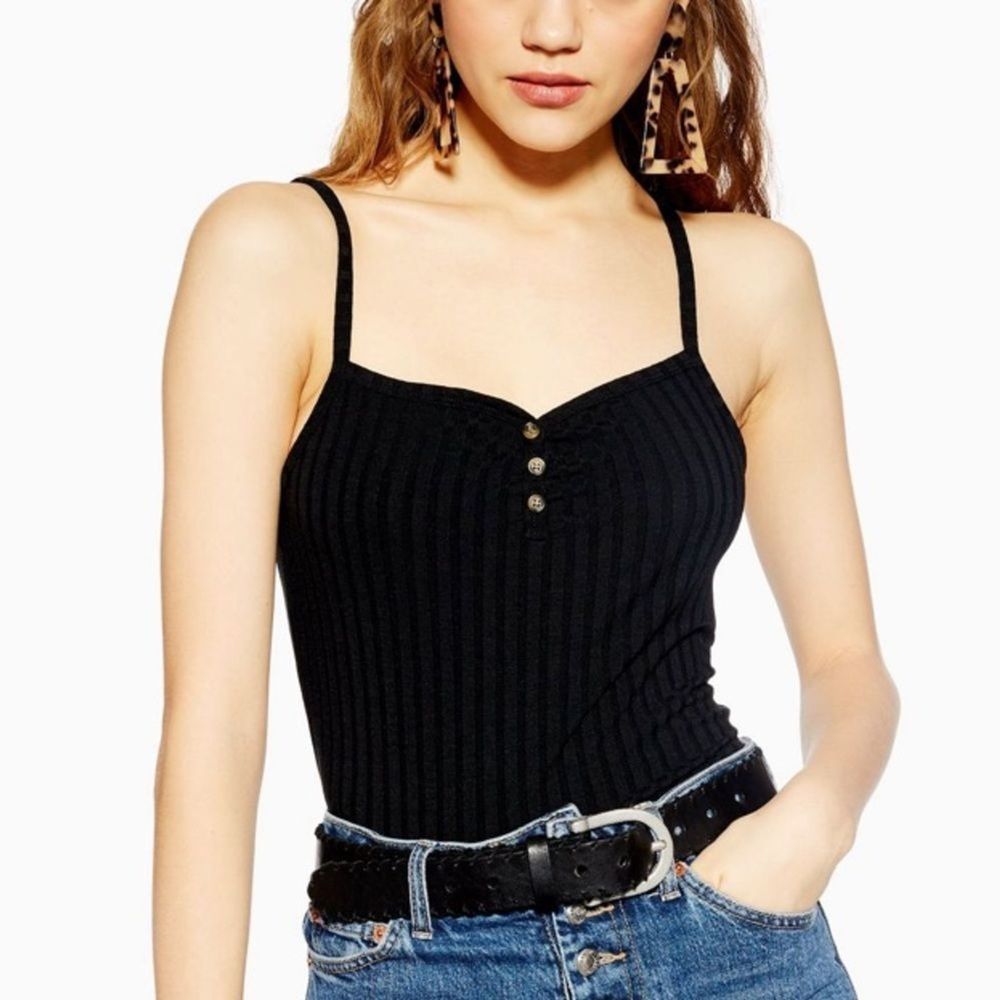 Topshop Black Ribbed Button Tank Top